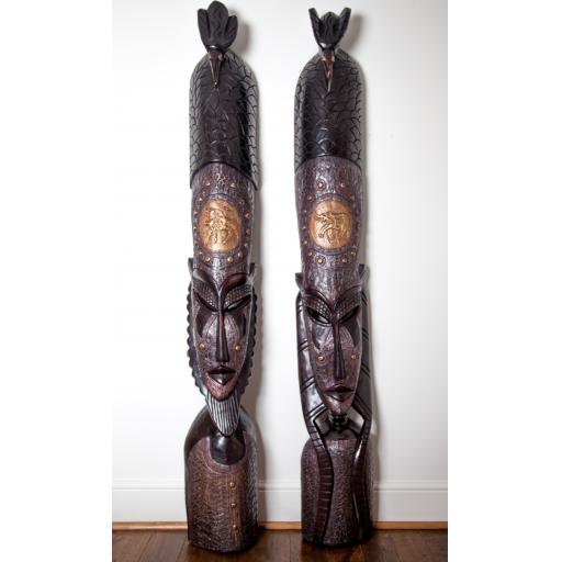 Senufo Royal Tribal Masks (Pair) - African Mahogany Wood Sculpture